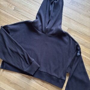 Alo Yoga Muse Hoodie Black Ribbed Cropped Pullover Sweatshirt Small Athleisure